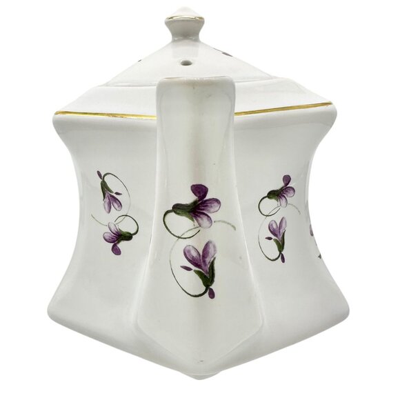 Vtg Kernewek Teapot w Lid English Bone China Hexagonal White w Purple Florals - Picture 3 of 9